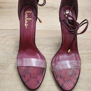 Burgundy Maroon Snake Print Lace Up Straps Heels SZ 11